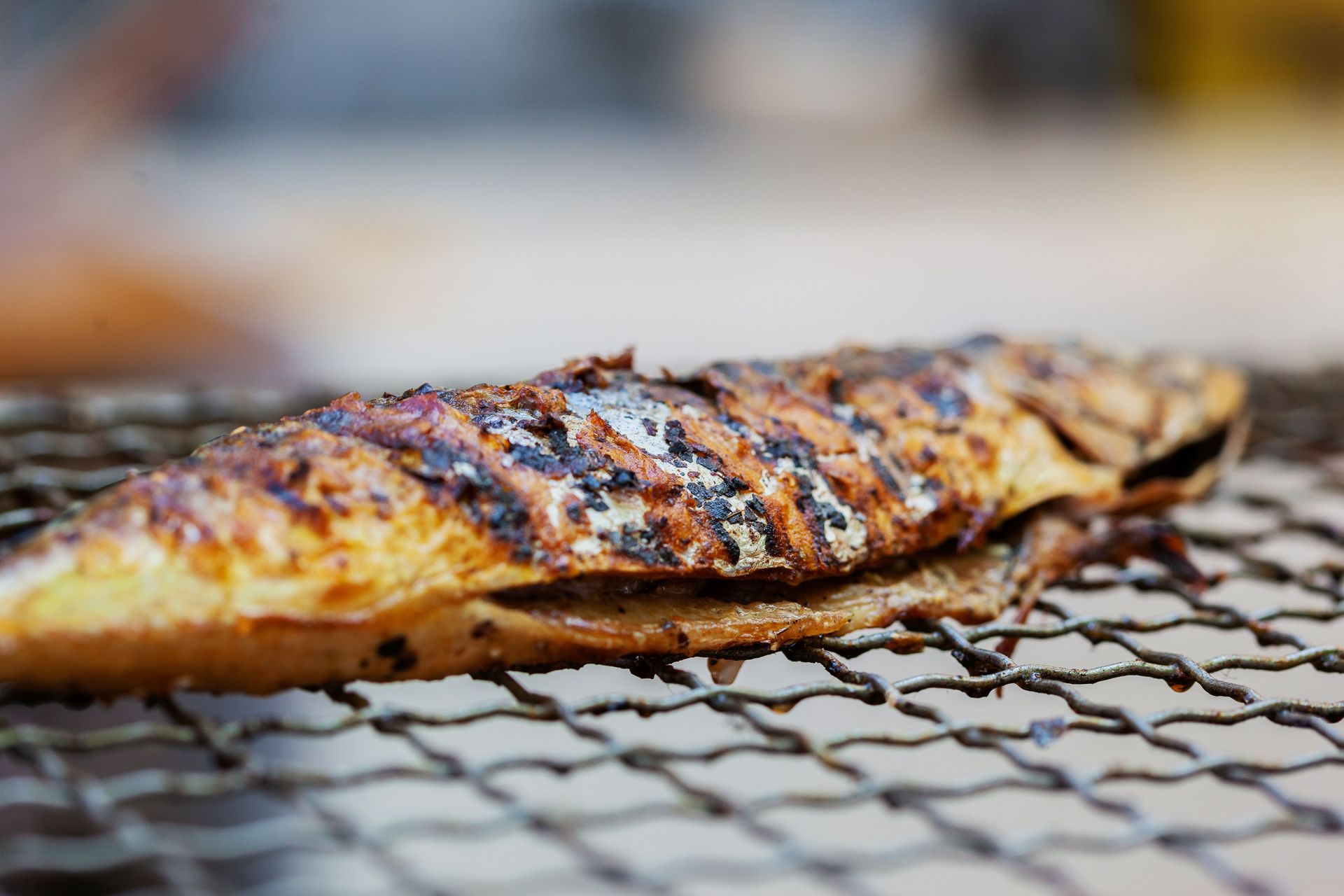 Delicious grilled mackerel on a barbecue grill, perfect for a flavorful lunch.