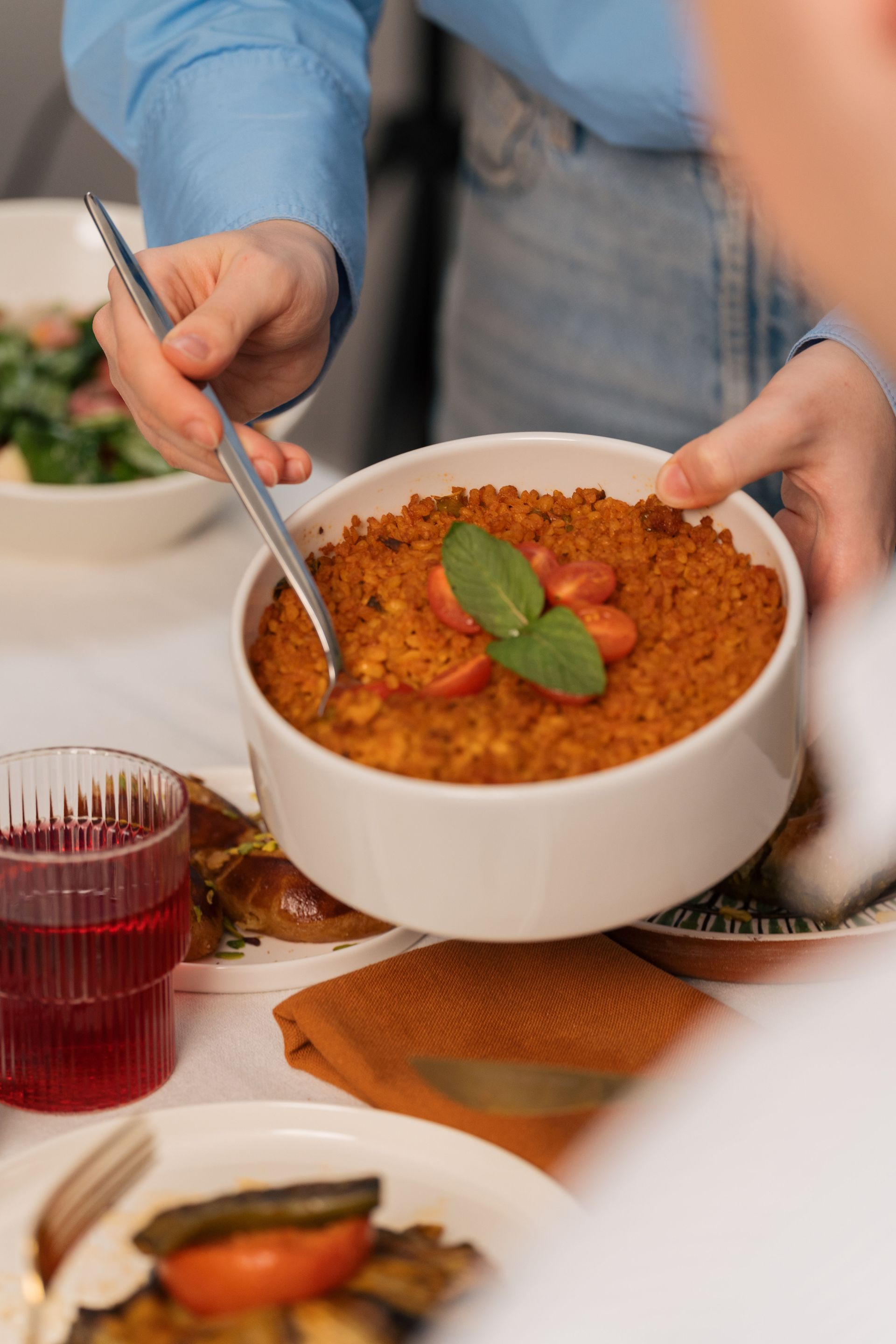 A delicious homemade lentil casserole served during a cozy family meal.